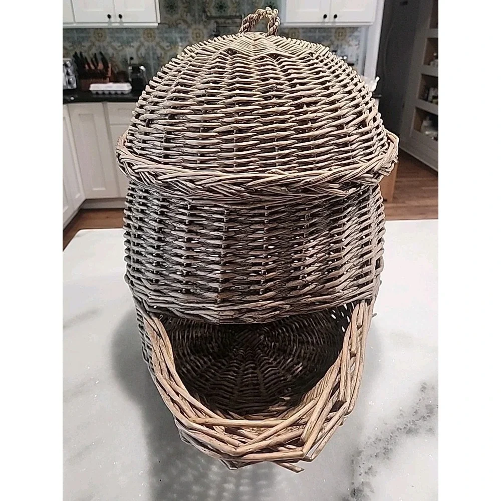 French-style Rustic Wicker Onion or Potato Storage Basket Hopper Style With Lid